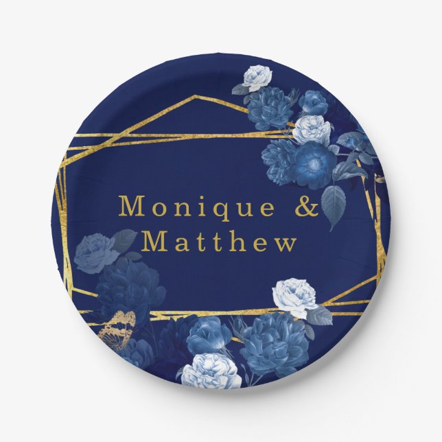 Navy Blue & Gold Geometric Floral Wedding Paper Plate (Front)