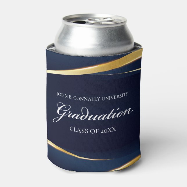 Navy Blue Gold Geometric Formal Graduation Party Can Cooler (Can Front)
