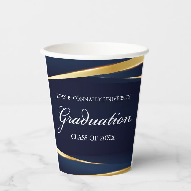 Navy Blue Gold Geometric Formal Graduation Party Paper Cups (Front)