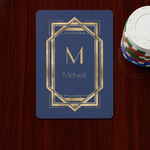 Navy Blue &  Gold Geometric   Monogram & Name   Playing Cards