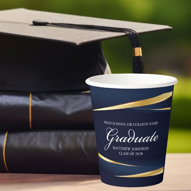 Navy Blue Gold Geometric Photo Graduation Party Paper Cups (Creator Uploaded)