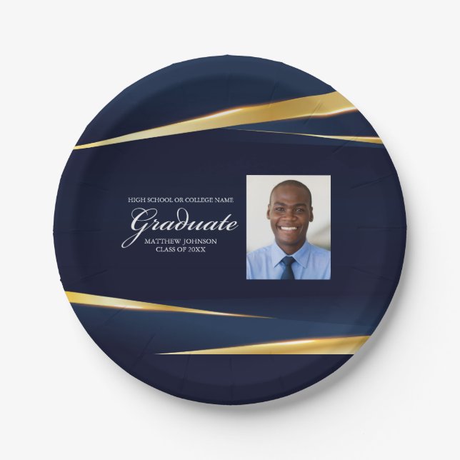 Navy Blue Gold Geometric Photo Graduation Party Paper Plate (Front)