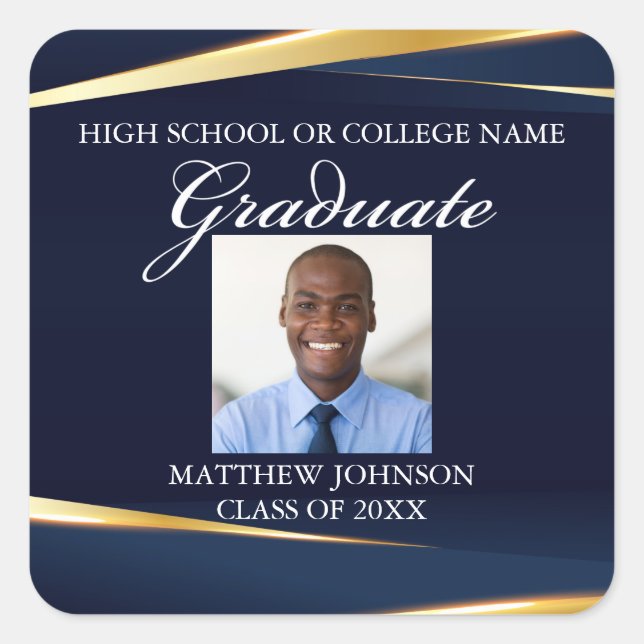 Navy Blue Gold Geometric Photo Graduation Party Square Sticker (Front)
