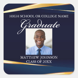 Navy Blue Gold Geometric Photo Graduation Party Square Sticker