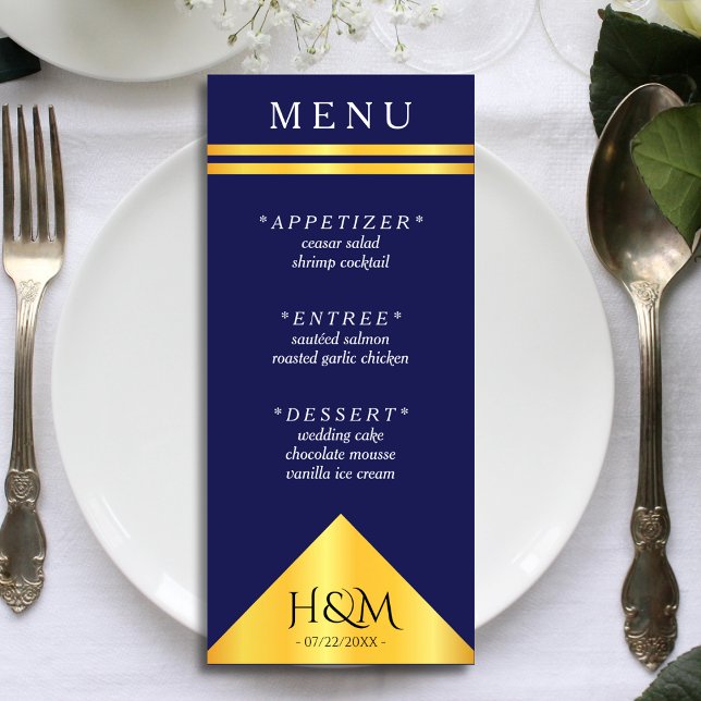 Navy Blue Gold Geometric Stripe Wedding Reception Menu (navy blue and gold wedding menu)