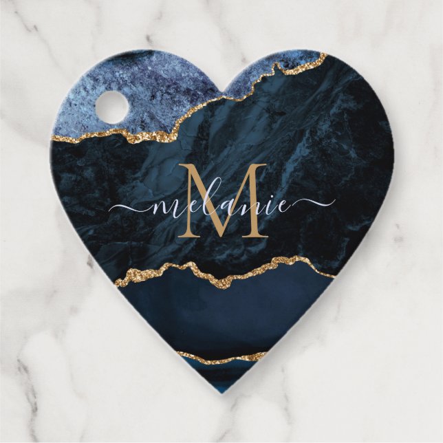 Navy Blue Gold Gift Tags Custom Name and Letter (Front)