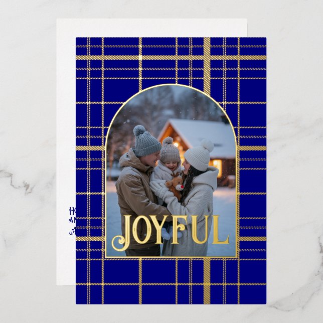 Navy Blue & Gold Gingham Christmas Holiday Photo (Front/Back)