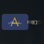 Navy Blue Gold Girly Script Monogram Name Modern Luggage Tag<br><div class="desc">Navy Blue and Gold Monogram Add your own Name Script Luggage Bag Tag The bag tag makes the perfect sweet 16 birthday,  wedding,  bridal shower,  baby shower or bachelorette party gift for someone decorating her room in style.</div>