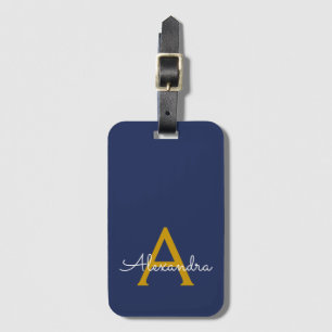Navy Blue Gold Girly Script Monogram Name Modern Luggage Tag