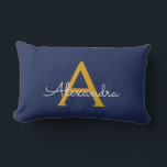 Navy Blue Gold Girly Script Monogram Name Modern Lumbar Cushion<br><div class="desc">Gold and Navy Blue Monogram Add Your Own Name Lumbar Pillow. This makes the perfect sweet 16 birthday,  wedding,  bridal shower,  anniversary,  baby shower or bachelorette party gift for someone that loves glam luxury and chic styles.</div>