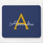 Navy Blue Gold Girly Script Monogram Name Modern Mouse Mat<br><div class="desc">Gold and Navy Blue Monogram Add Your Own Name Mousepad (Mouse Pad). This makes the perfect sweet 16 birthday,  wedding,  bridal shower,  anniversary,  baby shower or bachelorette party gift for someone that loves glam luxury and chic styles.</div>