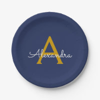 Navy Blue Gold Girly Script Monogram Name Modern