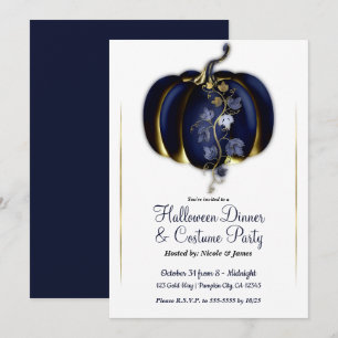 Navy Blue Gold Glam Pumpkin Halloween Dinner Party Invitation