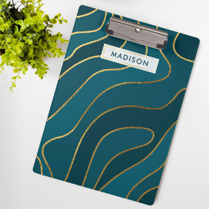 Navy Blue Gold Glitter Abstract Lines Personalised Clipboard