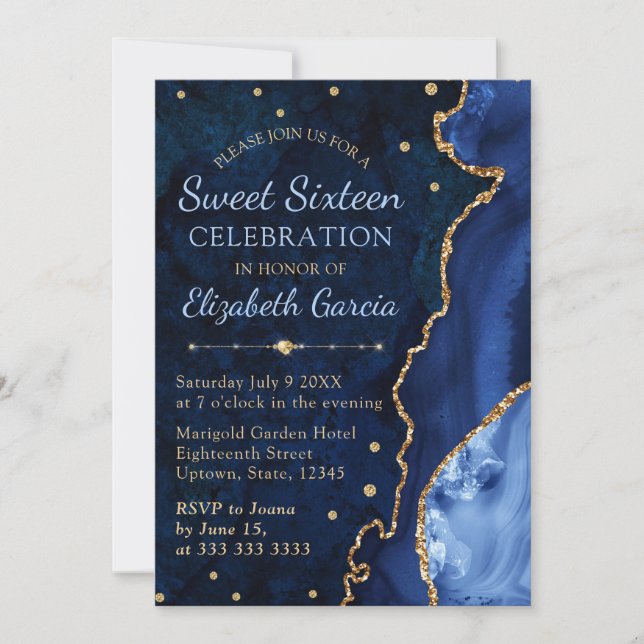Navy Blue & Gold Glitter Agate and marble Sweet 16 Invitation (Front)