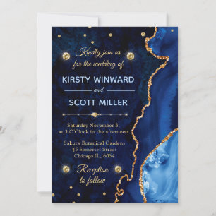 Navy Blue & Gold Glitter Agate and marble Wedding Invitation