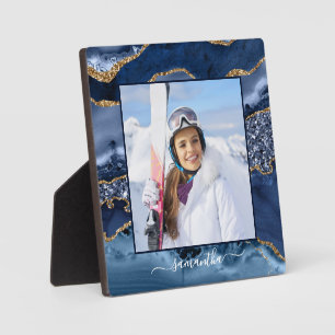 Navy Blue Gold Glitter Agate Elegant Name Photo Plaque