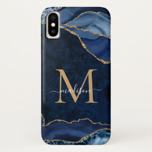 Navy Blue Gold Glitter Agate Gemstone Monogram iPhone X Case