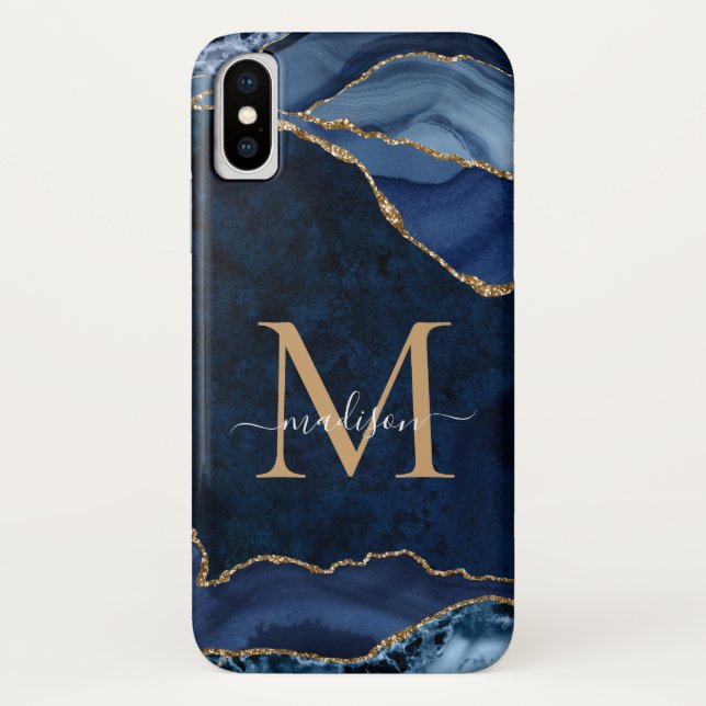 Navy Blue Gold Glitter Agate Gemstone Monogram Case-Mate iPhone Case (Back)