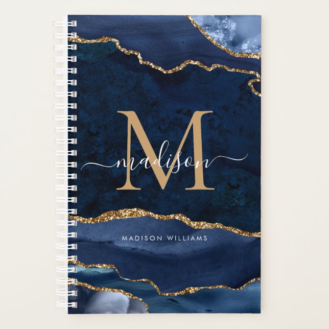 Navy Blue Gold Glitter Agate Geode Girly Monogram Planner (Front)
