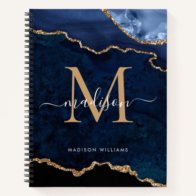 Navy Blue Gold Glitter Agate Geode Monogram Notebook (Front)