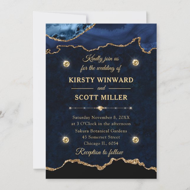 Navy Blue & Gold Glitter Agate Marble Wedding Invitation (Front)
