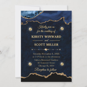 Navy Blue & Gold Glitter Agate Marble Wedding Invitation