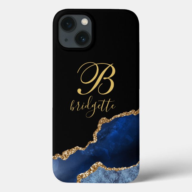 Navy Blue Gold Glitter Agate Monogram Case-Mate iPhone Case (Back)