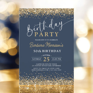 Navy Blue Gold Glitter Any Age 50th Birthday  Invitation