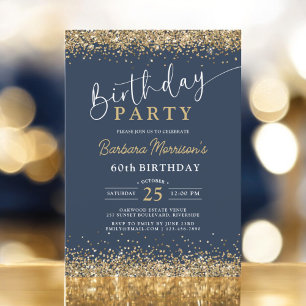 Navy Blue Gold Glitter Any Age 60th Birthday  Invitation