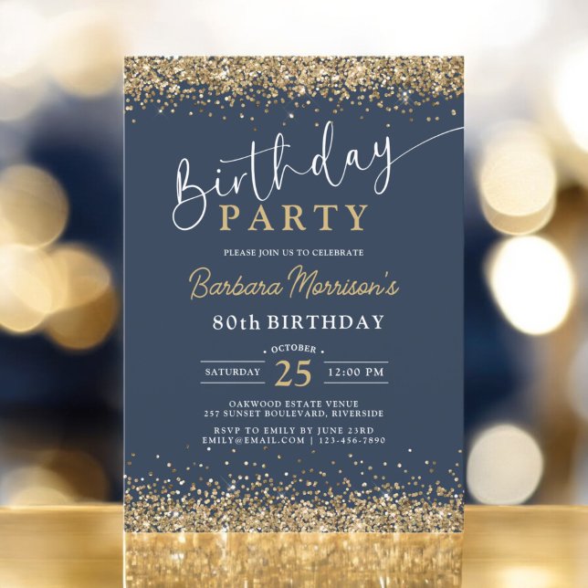 Navy Blue Gold Glitter Any Age Birthday  Invitation (Creator Uploaded)