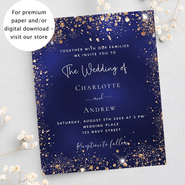 Navy blue gold glitter budget wedding invitation (Creator Uploaded)