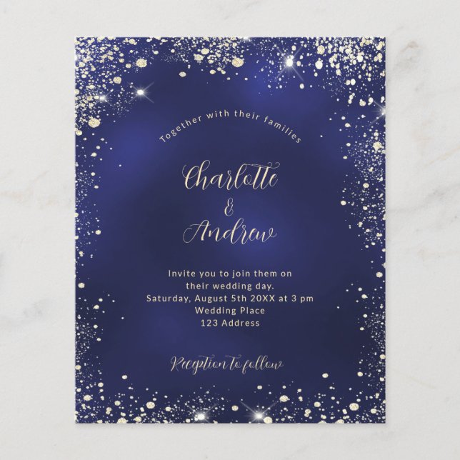 Navy blue gold glitter budget wedding invitation flyer (Front)