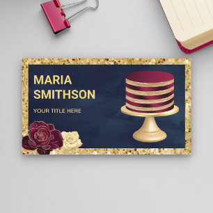Navy Blue Gold Glitter Burgundy Stripe Cake Bakery Business Card