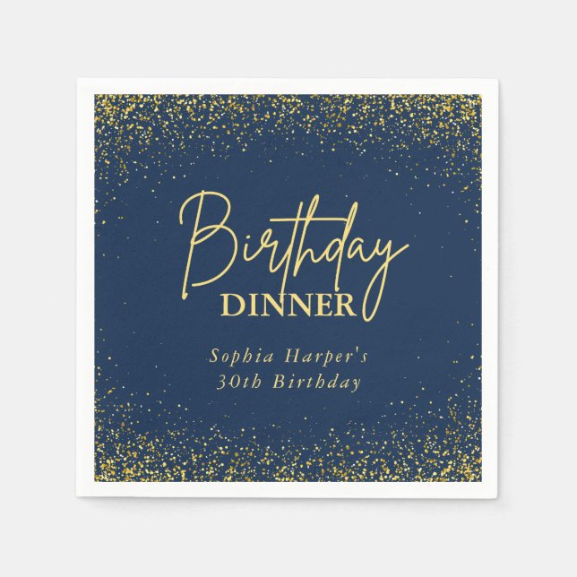 Navy Blue Gold Glitter Confetti Birthday Dinner Napkin (Front)