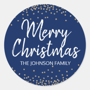 Navy Blue Gold Glitter Confetti Merry Christmas Classic Round Sticker