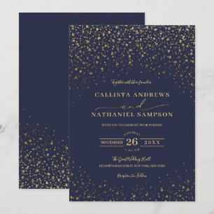 Navy Blue Gold Glitter Confetti Wedding Invitation