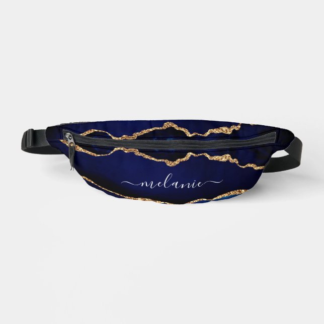 Navy Blue Gold Glitter Custom Name Fanny Pack (Front)