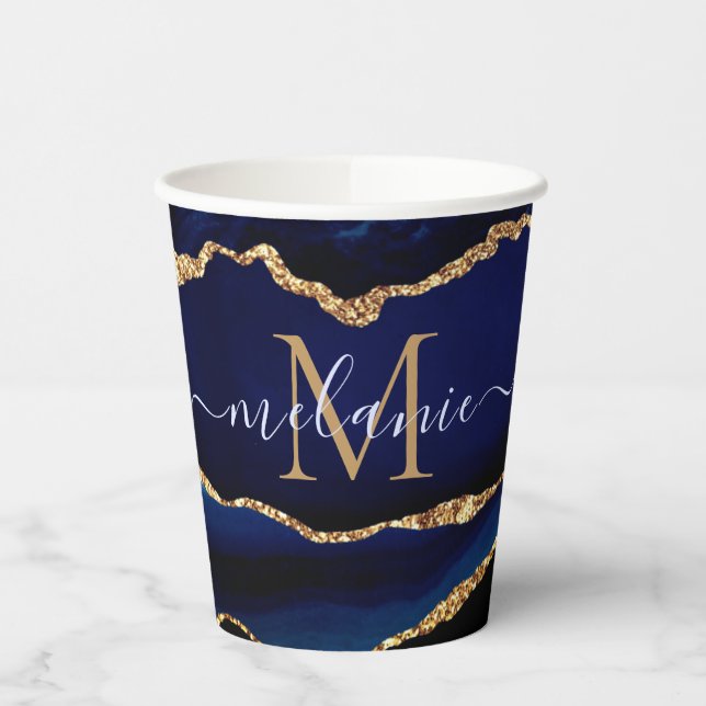 Navy Blue Gold Glitter Custom Name Paper Cups (Left)