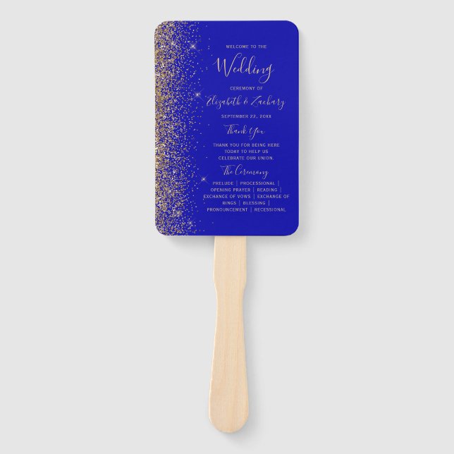 Navy Blue Gold Glitter Edge Wedding Program Hand Fan (Front)