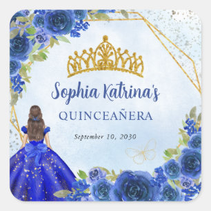 Navy Blue Gold Glitter Floral Princess Tiara Favou Square Sticker