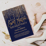 Navy Blue Gold Glitter Fringe Curtain Sweet 16 Invitation<br><div class="desc">This glamourous and luxury Sweet Sixteen birthday party invitation is the perfect design for your young teenage girl's special event. It features a faux sparkly gold glitter fringe curtain with faux glitter typography on top of a simple navy blue background. It's an elegant, chic, trendy, and modern bling design with...</div>