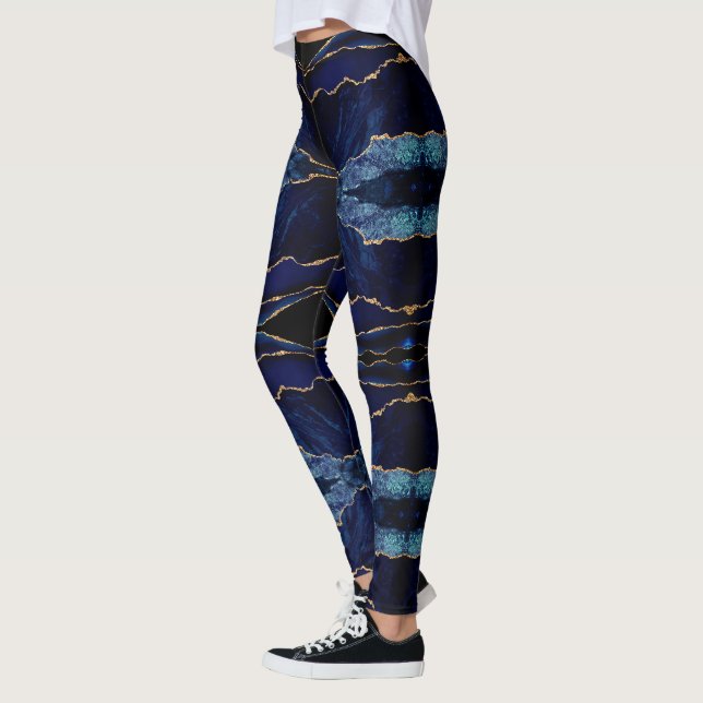 Navy Blue Gold Glitter Gemstone Marble Leggings (Left)