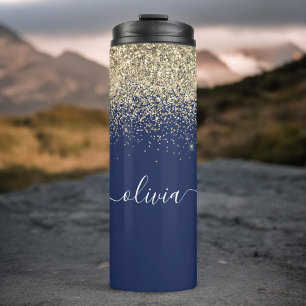 Navy Blue Gold Glitter Girly Fitness Monogram Name Thermal Tumbler