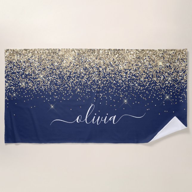 Navy Blue Gold Glitter Girly Monogram Name Beach Towel (Front)