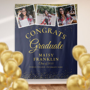 Navy Blue Gold Glitter Graduation 3 Photo Backdrop Tapestry