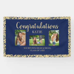 Navy Blue Gold Glitter Graduation Party Photo  Banner