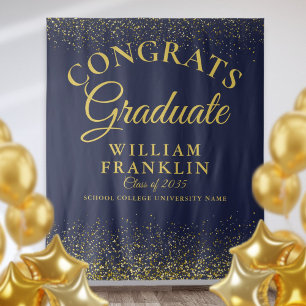 Navy Blue Gold Glitter Graduation Photo Backdrop Tapestry