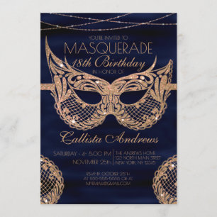 Navy Blue Gold Glitter Lace Masquerade Birthday Invitation