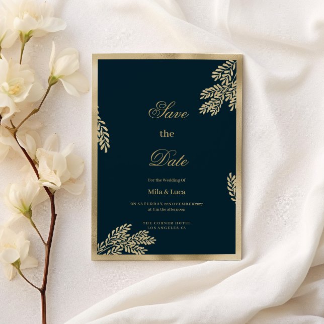Navy blue gold glitter leaf floral Save the Date  Invitation (Navy blue gold glitter leaf floral Save the Date)
